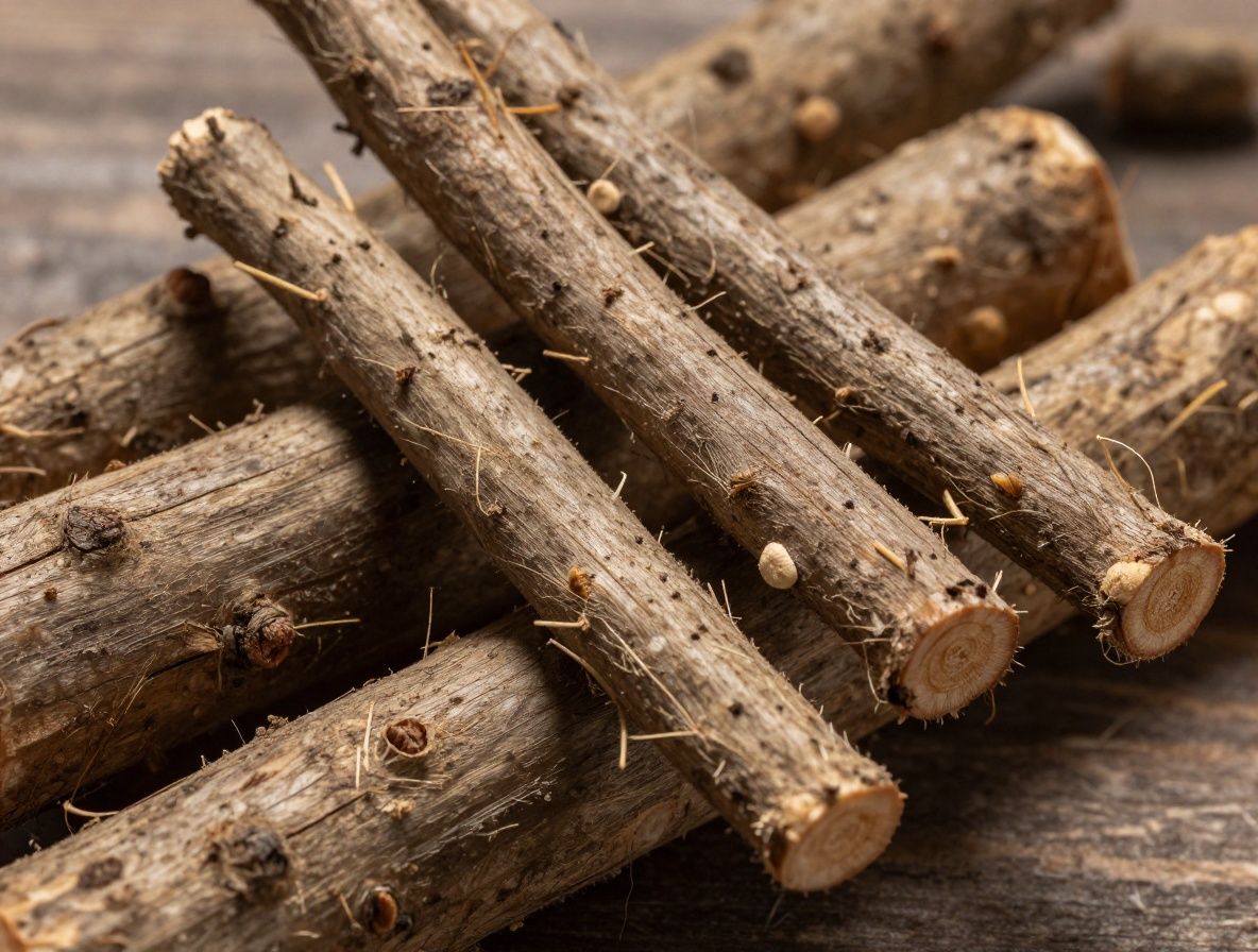 Makro záber na sušené rastlinné korene a bylinkové výťažky v dreve, s teplou zemitou farbou a hrubou textúrou prírodných materiálov