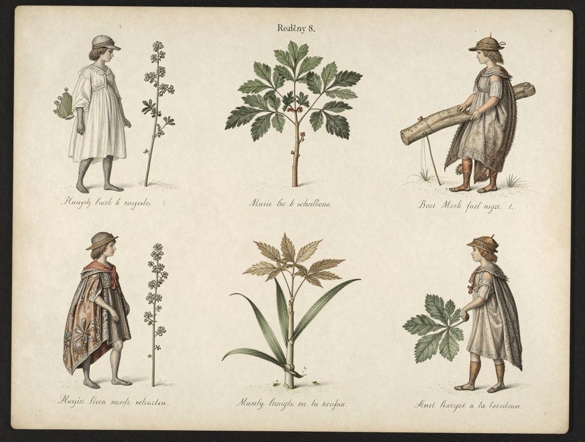 Historické botanické ilustrácie liečivých rastlín v vintage štýle na opotrebovanom papieri vedľa suchých stoniek rastlín, zobrazujúce estetiku vedeckých herbárov 18. storočia