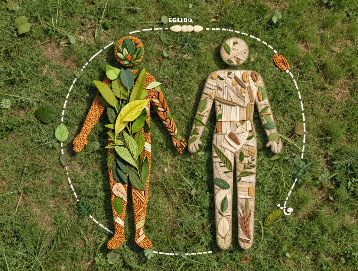 Schematické znázornenie prepojenia výživy, pohybu, spánku a mentálneho zdravia s podporou prírodných zložiek pre celkovú pohodu — abstraktná vizualizácia sietí a vzorov z prírodných materiálov, ako sú listy a stonky v geometrickom usporiadaní